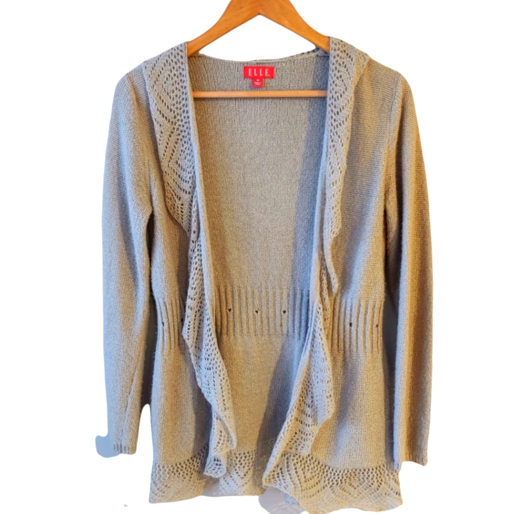 Elle Grey Ruffled Metallic Cardigan Size Medium